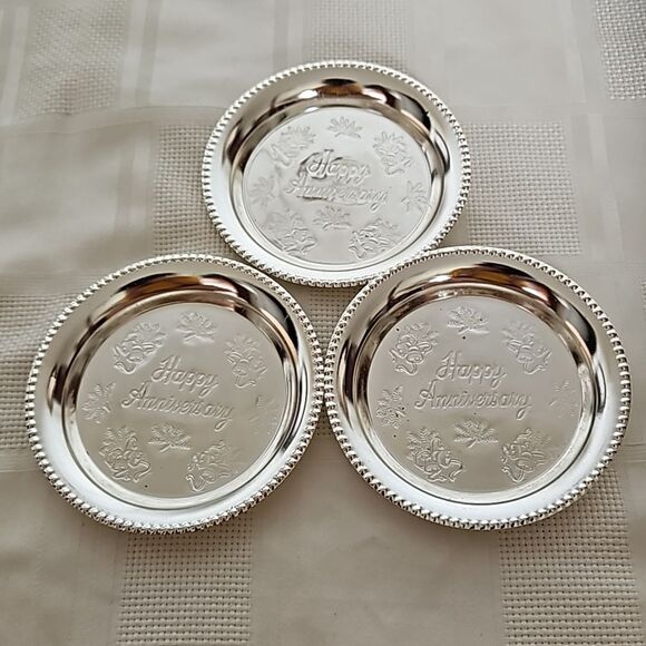 Happy Anniversary Pack Of 3 Small Steel Tray Silver 4.5" - Picture 1 of 16